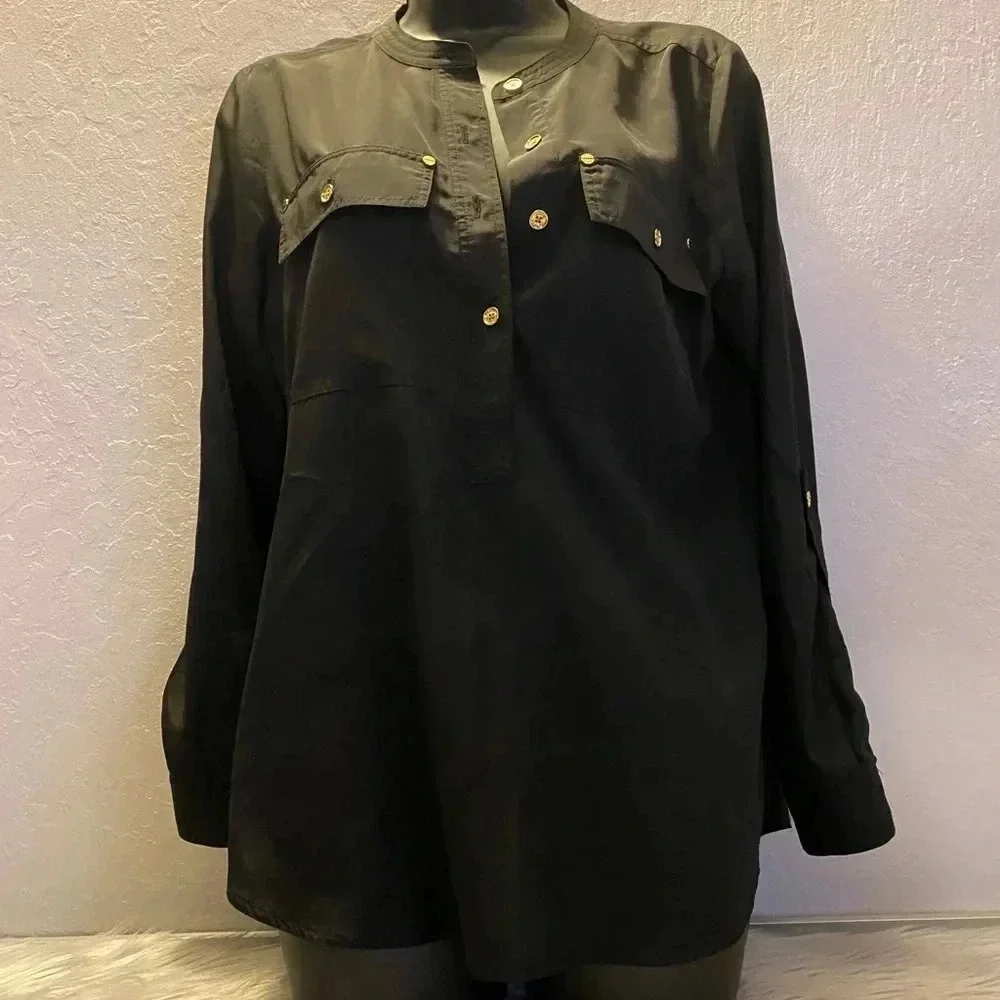 Michael Kors Women's Petite SM Black Utility Blouse Gold Button Long Sleeve Top